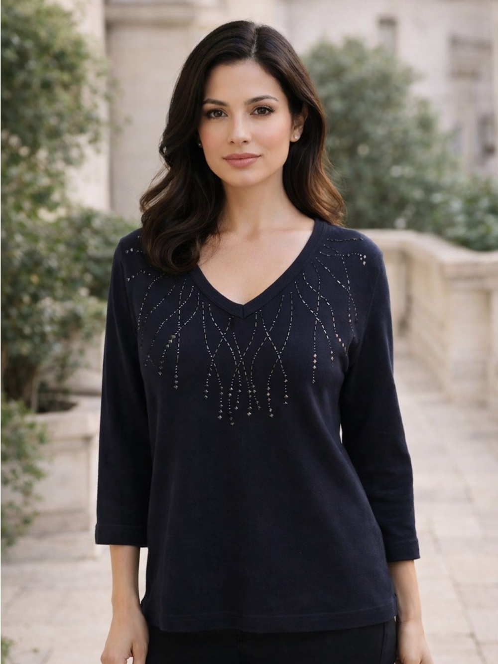 Las Olas Beaded V-Neck Top Size S Navy 3/4 Sleeve Embellished Blouse